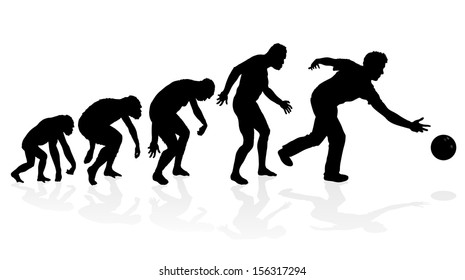 Evolution of the Ten Pin Bowler. Fantastic illustration depicting the evolution of a male from ape to man to Ten Pin Bowler in silhouette.