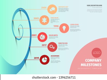 Evolution timeline template with spiral model and icons - light horizontal version