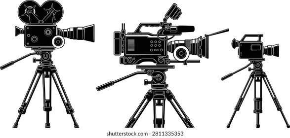 Evolution of video cameras on tripods showcasing classic film reel camera, modern professional video equipment, and compact digital camcorder highlighting filmmaking technology across different eras