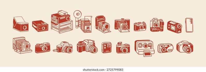 Evolução do conjunto de doodle de câmera de vídeo e foto. Câmeras de vídeo diferentes de modelos antigos e retrô para modernos. Desenvolvimento e história da fotocâmera. Ilustrações isoladas planas de vetor de contorno