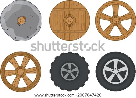 Evolution of the wheel. Stone wheel, wooden wheel, modern wheels.