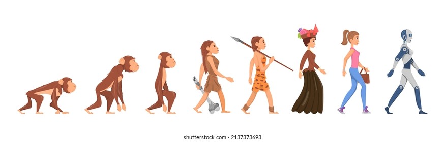 Mujer de la evolución. Chica cazadora, homosapiens y mono. De primate a humano y androide. Moda de dibujos animados adultos y primitivos personajes vectores prehistóricos. Ilustración de la evolución de los robots desde el ser humano