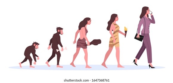 Evolución de la mujer. De mono a mujer de negocios. Desarrollo histórico. Ilustración vectorial aislada en estilo caricaturista