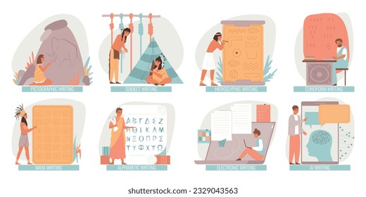 Evolution of writing flat set with ancient types and modern technologies isolated vector illustration