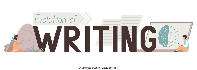 Evolution of writing flat text banner with primitive person writes or rock and woman uses laptop vector illustration