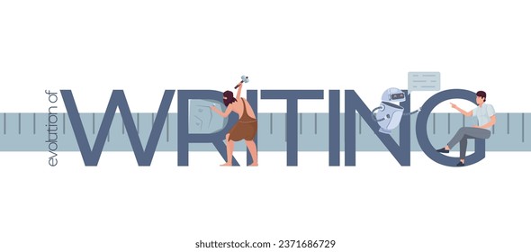Evolution writing writer composition with flat text and icons of prehistoric modern man and futuristic robot vector illustration