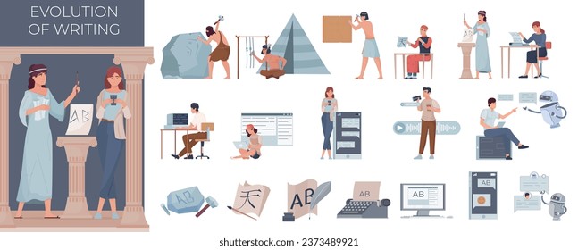 Evolution writing writer flat composition with antique and modern female characters and set of isolated icons vector illustration