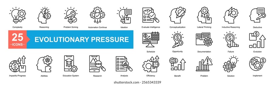 Evolutionary Pressure Icon Sheet Complexity, Evolution, Impactful Progress, Reasoning, Problem Solving, Automation Continue, Ideation, Evaluate Intelligence, Conceptualization, Lateral Thinking