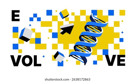 Evolve Pattern Design-DNA Helix and Yellow-Blue Abstract Blocks for Science, Innovation, and Growth Concepts