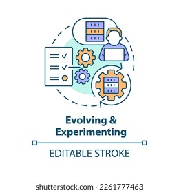 Evolving and experimenting concept icon. Big data process. ICT literacy level abstract idea thin line illustration. Isolated outline drawing. Editable stroke. Arial, Myriad Pro-Bold fonts used