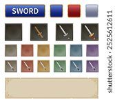 Evolving sword illustration and game frame and button set