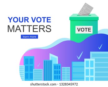 E-voting concept and Cityscape, your Vote matters, flat modern Vector banner, Landing page template
