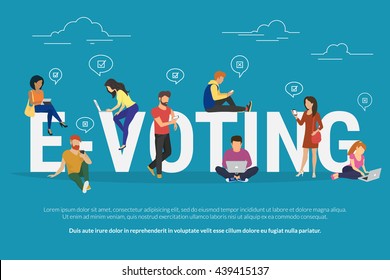 E-voting concept illustration of young people using mobile gadgets such as laptop, tablet and smartphone for online voting via electronic internet system. Flat guys and women near letters evoting