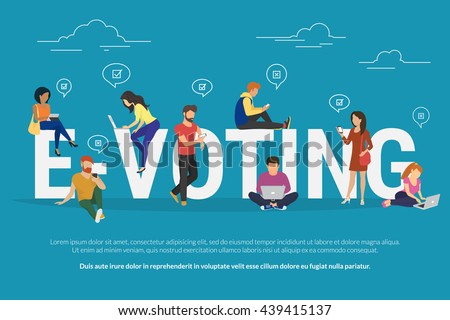 E-voting concept illustration of young people using mobile gadgets such as laptop, tablet and smartphone for online voting via electronic internet system. Flat guys and women near letters evoting