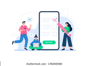 E-voting concept. A man and women vote online pros and cons. Online voting, freedom of choices, democracy concept. Flat vector illustration can be used for landing page, web, UI, banner.