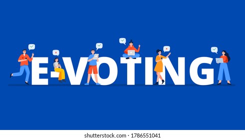 Concepto de voto electrónico con la gente. Jóvenes hombres y mujeres usan dispositivos móviles como smartphones, tablets, laptops para votar en línea. Ilustración vectorial plana.