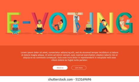 E-voting concept web banner. Flat design. Young people using mobile devices near big colored letters. Digital democracy and online poll. Internet technology for politics. For online voting services   