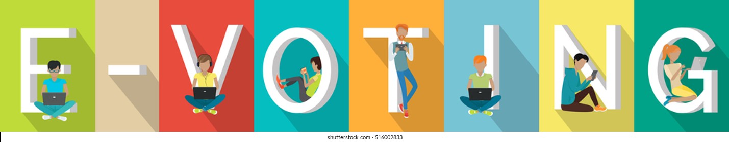 E-voting concept web banner. Flat design. Young people using mobile devices near big colored letters. Digital democracy and online poll. Internet technology for politics. For online voting services