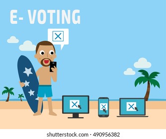 E-voting.people standing on beach.
Flat vector illustration concept.
people using mobile gadgets such as laptop, tablet and smartphone for online voting via electronic internet system.