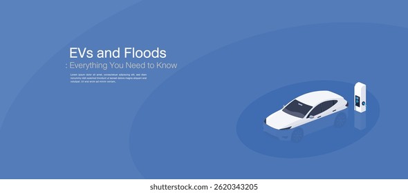 EVs and Floods concept showing an electric car and charger surrounded by water, representing climate risks and safety concerns in urban flooding situations.