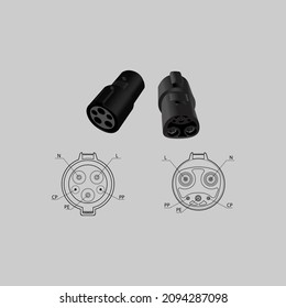 EVSE connector configurations. Supercharger Adapter, Electric car supercharging plug line icon. vector illustration.