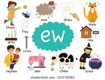 -Ew- digraph spelling rule educational poster for kids with words. Learning -ew- phonics sound for school and preschool. Phonetic worksheet. Vector illustration