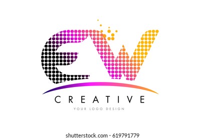 EW E W Dots Letter Logo Design with Magenta Bubble Circles and Swoosh