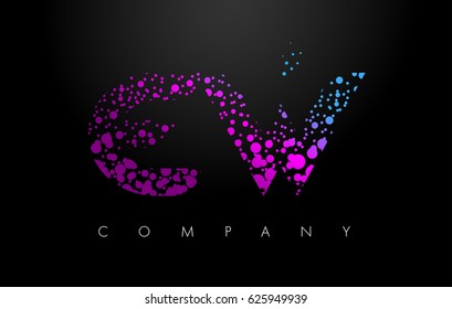 EW E W Letter Logo with Purple Blue Particles and Bubble Dots Design Vector.