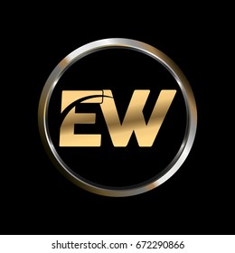 EW initial letter logo inside circle shape, EW inside o rounded lowercase logo gold silver