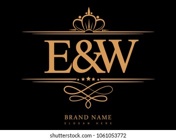 E&W Initial logo, Ampersand initial logo gold with crown and classic pattern
