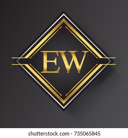 EW Letter logo in a square shape gold and silver colored geometric ornaments. Vector design template elements for your business or company identity.