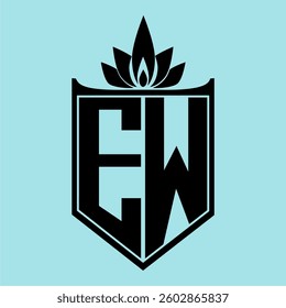EW Logo featuring a minimalist design with a crown-like flower symbol on top, bold black elements, and a soft blue background, perfect for branding and modern visual identity.