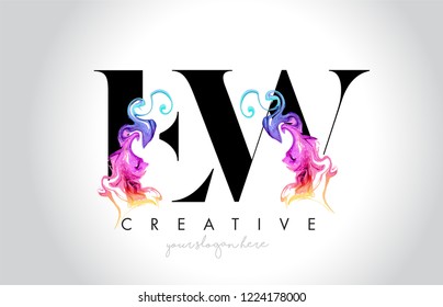 EW Vibrant Creative Leter Logo Design with Colorful Smoke Ink Flowing Vector Illustration.