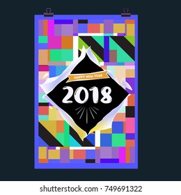 ew Year 2018 Calendar Cover Template. Calendar and Poster Design with Colorful Memphis Style background.