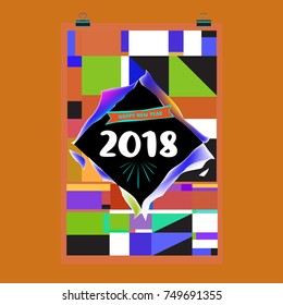 ew Year 2018 Calendar Cover Template. Calendar and Poster Design with Colorful Memphis Style background.