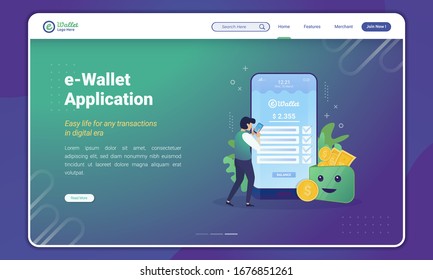 e-Wallet application concept, digital wallet illustration on landing page template