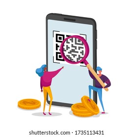 E-Wallet, Cashless Payment Technology. Woman Character Looking on Qr Code on Huge Smartphone Screen, Man Hold Magnifier in Shop Generate Digital Pay Without Money. Cartoon People Vector Illustration