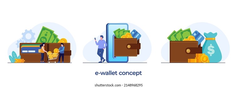 e-wallet concept, financial and accounting, deposit, transaction and transfer, cash, flat illustration vector