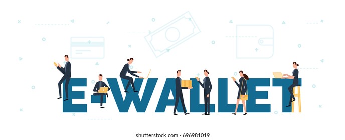 E-wallet concept illustration of business people using mobile gadgets such as tablet pc and smartphone for online purchasing via ewallet technology.