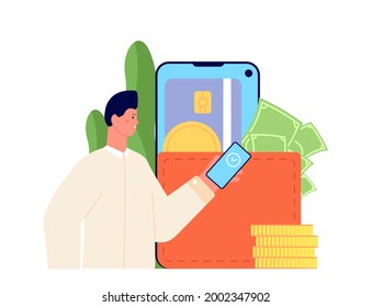 E-wallet concept. Mobile digital app, using access credit card. Payment with phone, cashless business deal. Man pays, transaction utter vector concept