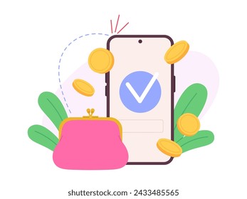 E-wallet concept. Online payment in process. Digital banking, safety money in web cash account. Female shopping, wallet for coins, racy vector scene