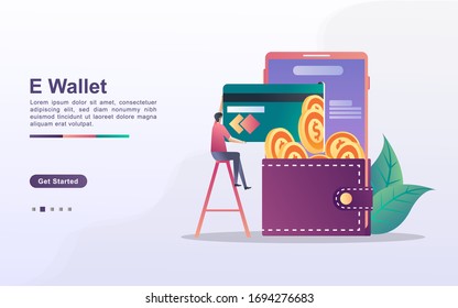 E-Wallet concept. People save money online using cards. Pay for goods shopping online with a credit card. Invest online. Can use for web landing page, banner, flyer, mobile app. Vector Illustration