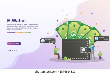 E-Wallet concept. People save money online using cards. Pay for goods shopping online with a credit card. Invest online. Can use for web landing page, banner, flyer, mobile app. Vector Illustration