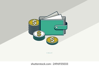 Cartel del concepto de la cartera electrónica, ilustración del estilo del icono del Vector de una cartera con monedas, finanzas personales, gasto de compras y control financiero.