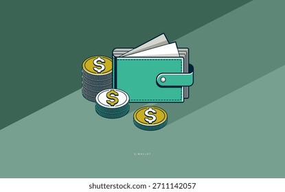 Cartaz conceito E-Wallet, ícone vetorial ilustração de uma carteira com moedas, finanças pessoais, compras gastos e controle financeiro.