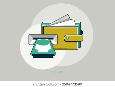 E-Wallet concept poster, wallet with ATM and money stack vector icon style illustration, electronic wallet withdrawal.