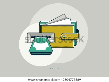 E-Wallet concept poster, wallet with ATM and money stack vector icon style illustration, electronic wallet withdrawal.