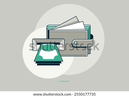 E-Wallet concept poster, wallet with ATM and money stack vector icon style illustration, electronic wallet withdrawal.