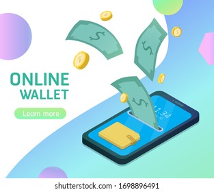 E-wallet design from mobile with real wallet icon vector