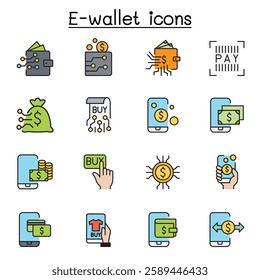E-wallet, digital money, mobile banking icon set in color line style